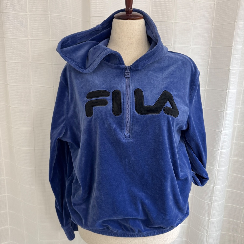 Fila Velour Hoodie Womens XXL Blue Quarter Zip Pullover Velvet Logo Sweatshirt